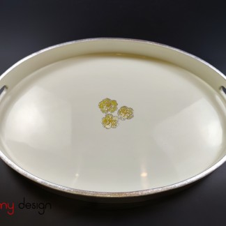 White oval lacquer tray hand-painted with 3 peach blossoms 28*40 cm 